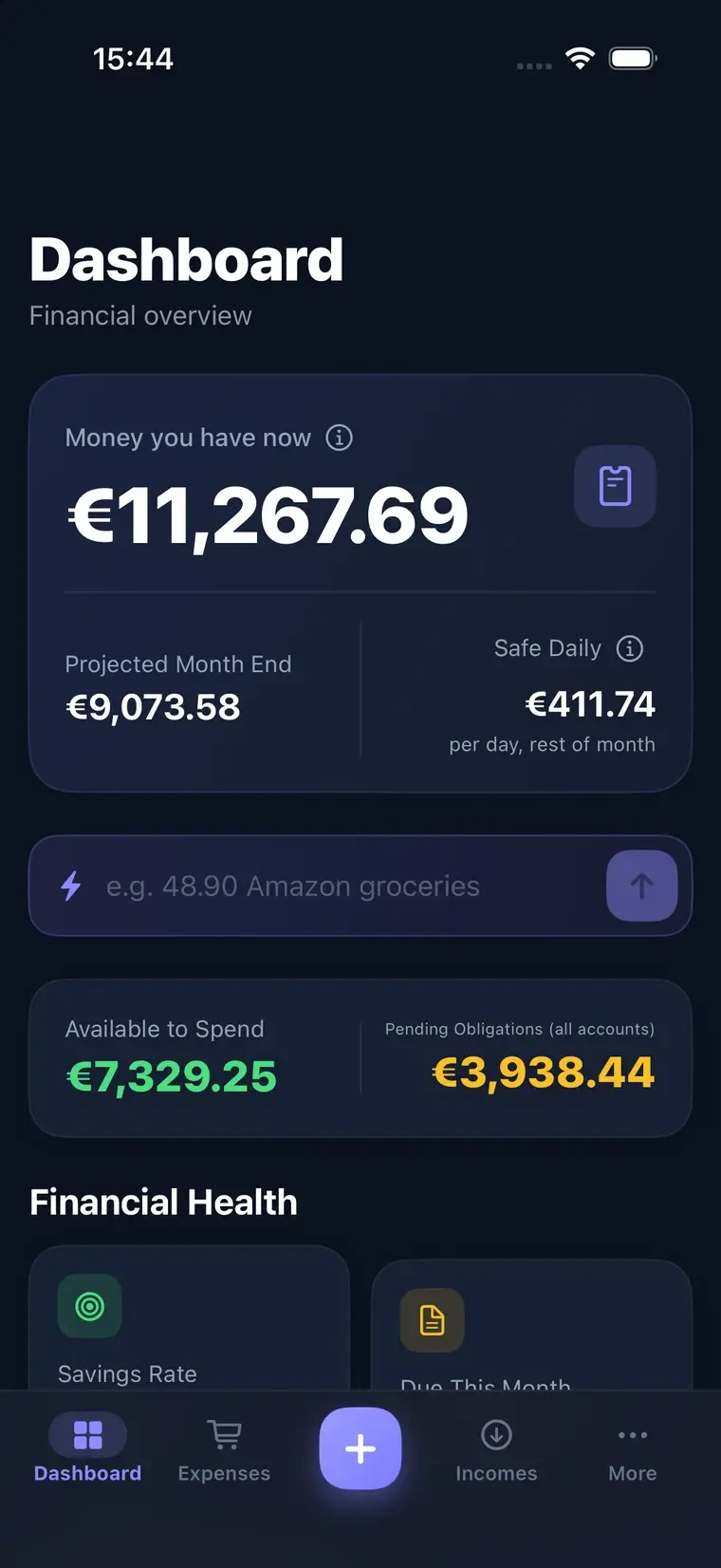 FinCampX dashboard on iPhone, showing money you have now and the projected month end