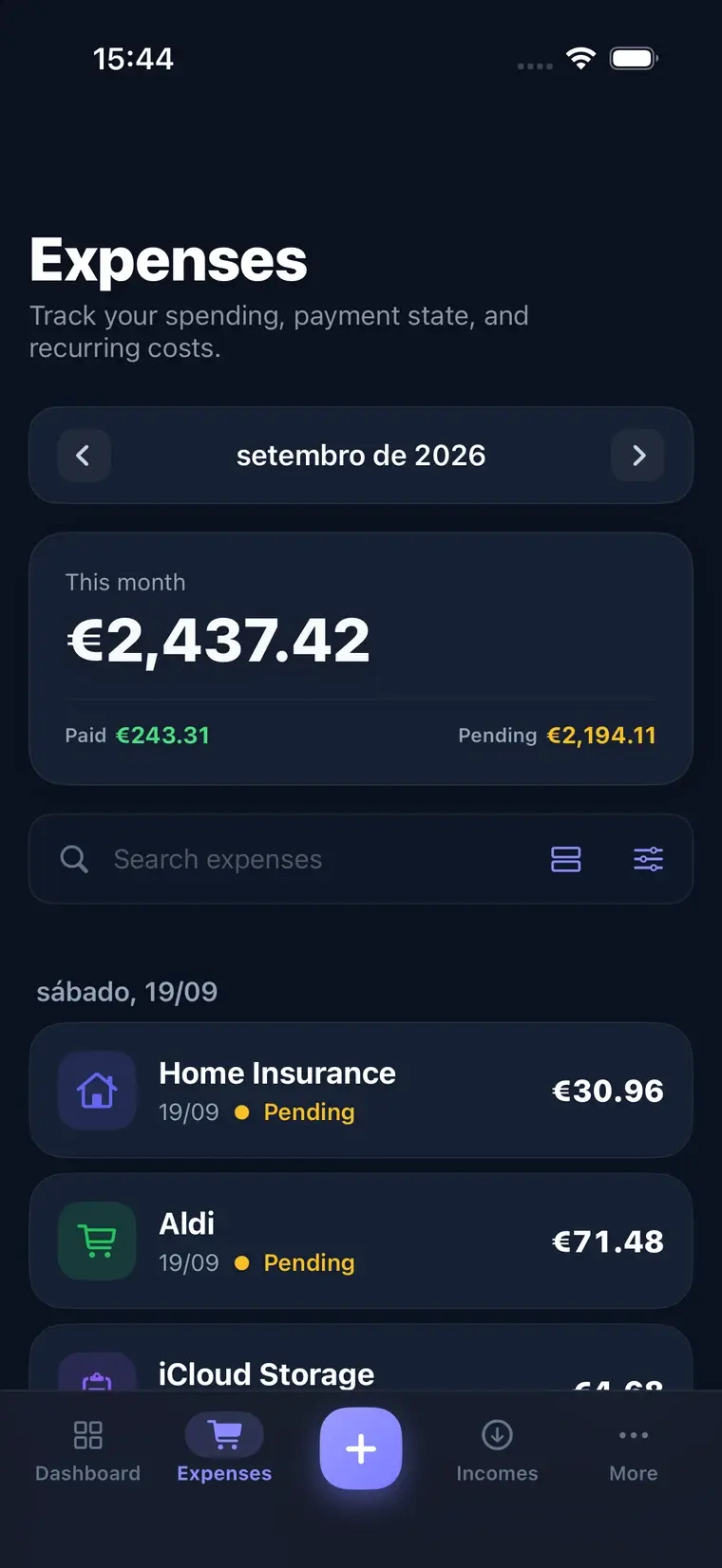 FinCampX expenses list on iPhone, grouped by month