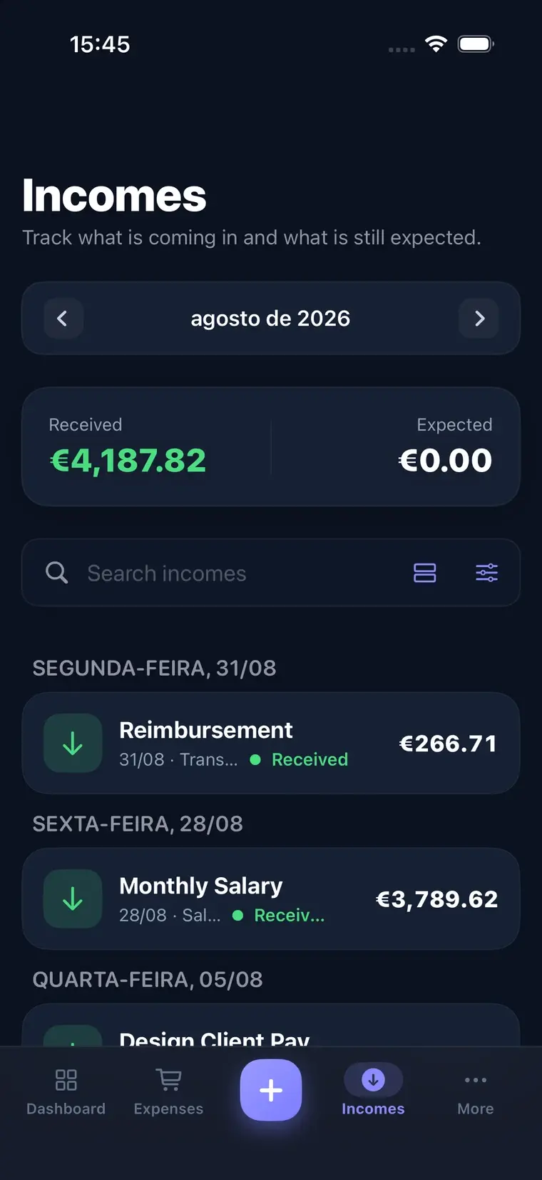 FinCampX incomes list on iPhone, showing received and expected amounts