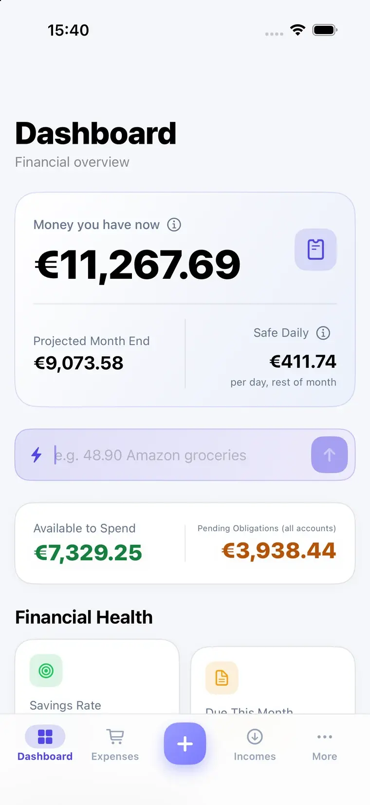 FinCampX dashboard on iPhone, showing money you have now and the projected month end