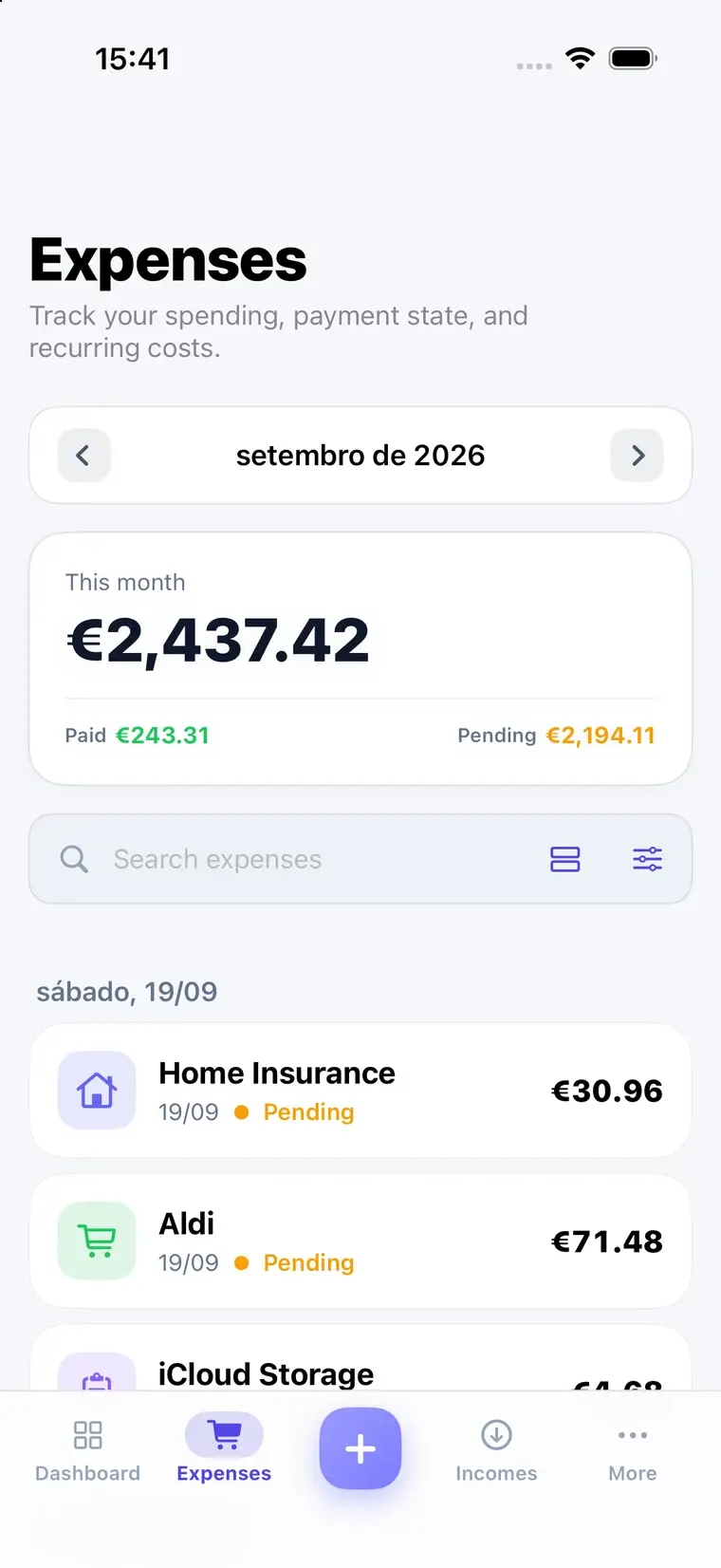 FinCampX expenses list on iPhone, grouped by month