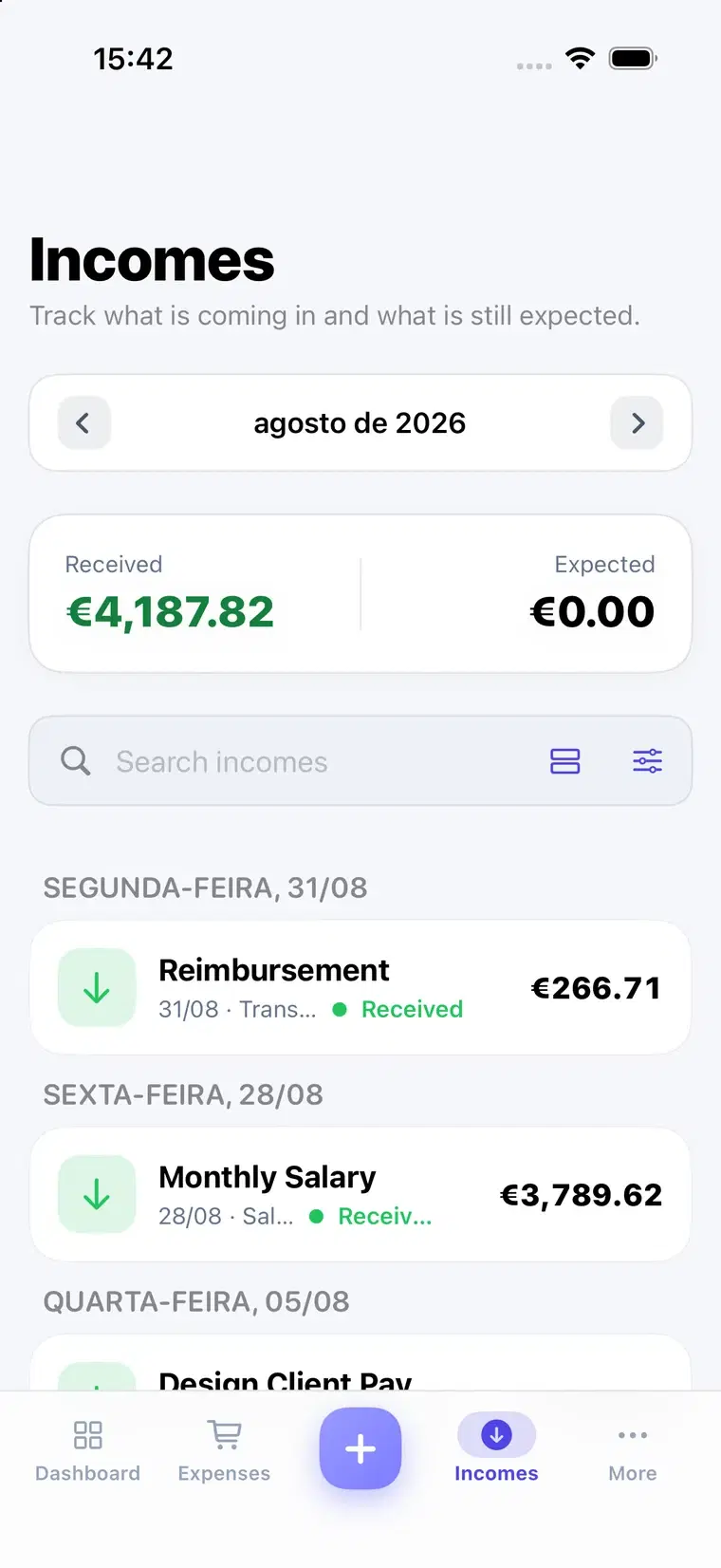 FinCampX incomes list on iPhone, showing received and expected amounts