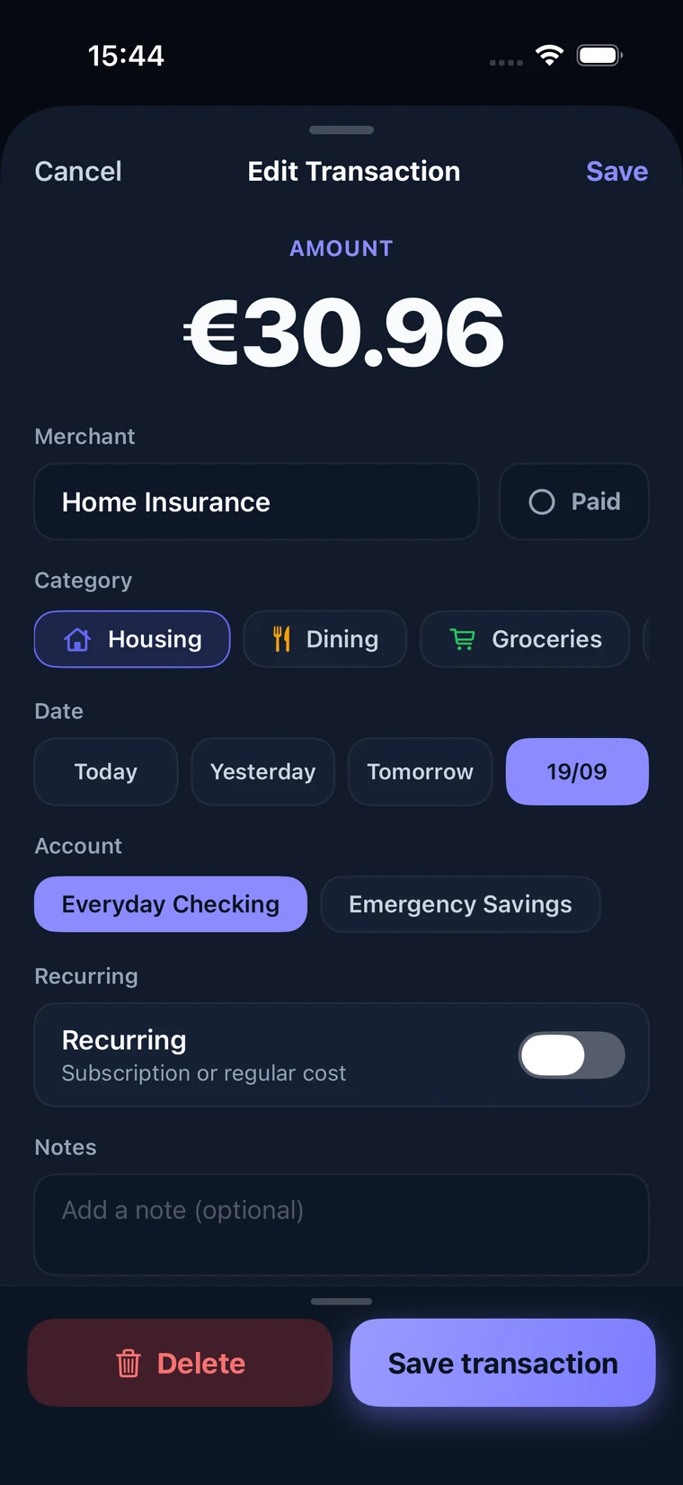The transaction sheet: amount, merchant, category, date, account, and a Recurring toggle
