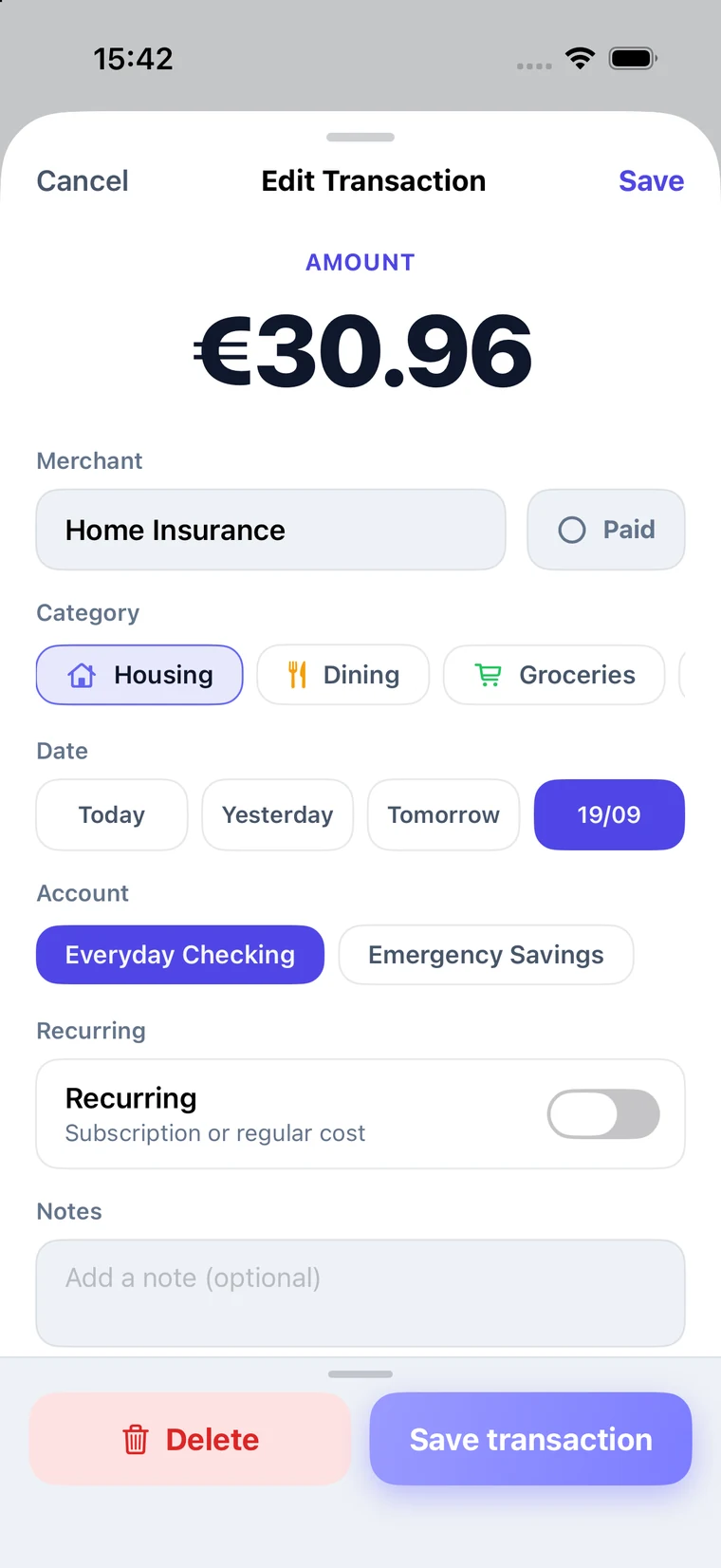 The transaction sheet: amount, merchant, category, date, account, and a Recurring toggle