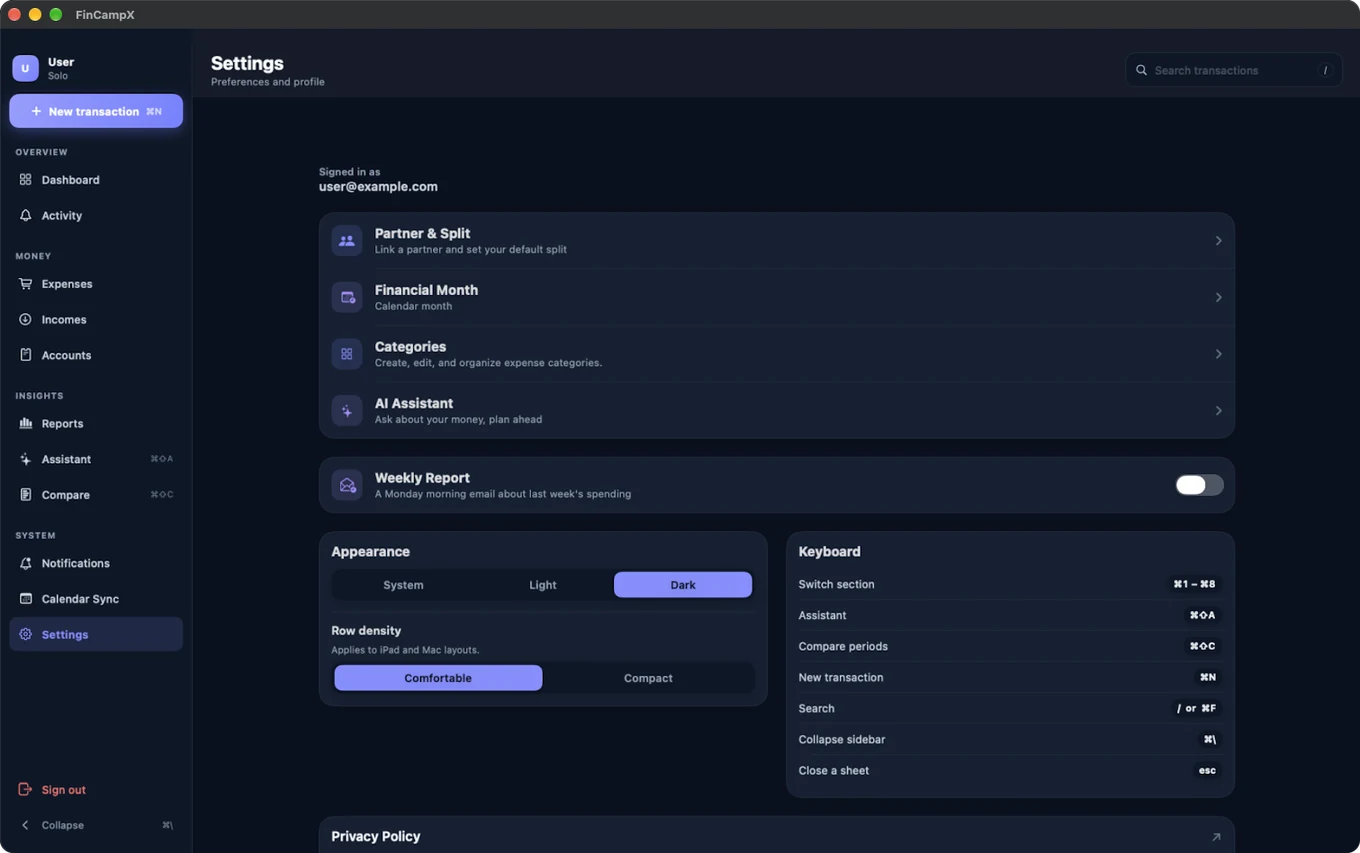 Settings: Partner & Split, Financial Month, Categories, Appearance, and Keyboard shortcuts