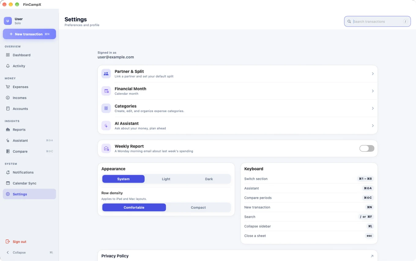 Settings: Partner & Split, Financial Month, Categories, Appearance, and Keyboard shortcuts